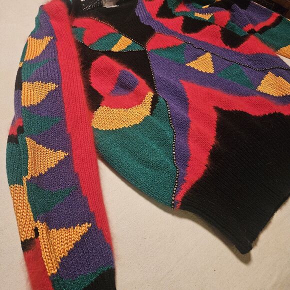 CHRISTINE Wool Vintage Colorful Abstract Colorblock Rhinestone Knit Sweater L - Picture 3 of 11